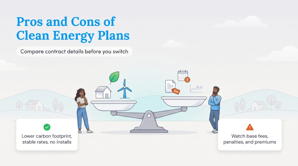 Illustration of a scale weighing the pros and cons of clean energy plans