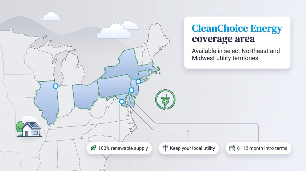 Map highlighting CleanChoice Energy coverage areas in Northeast and Midwest US states.