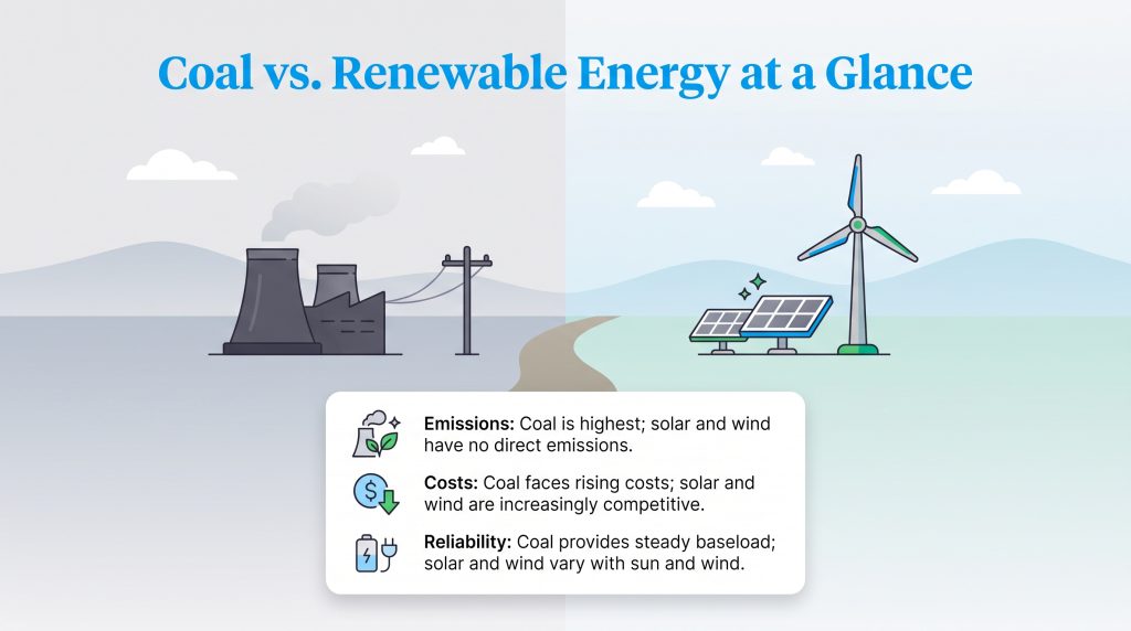 Infographic contrasting coal's high emissions and costs with the clean, competitive nature of solar and wind.