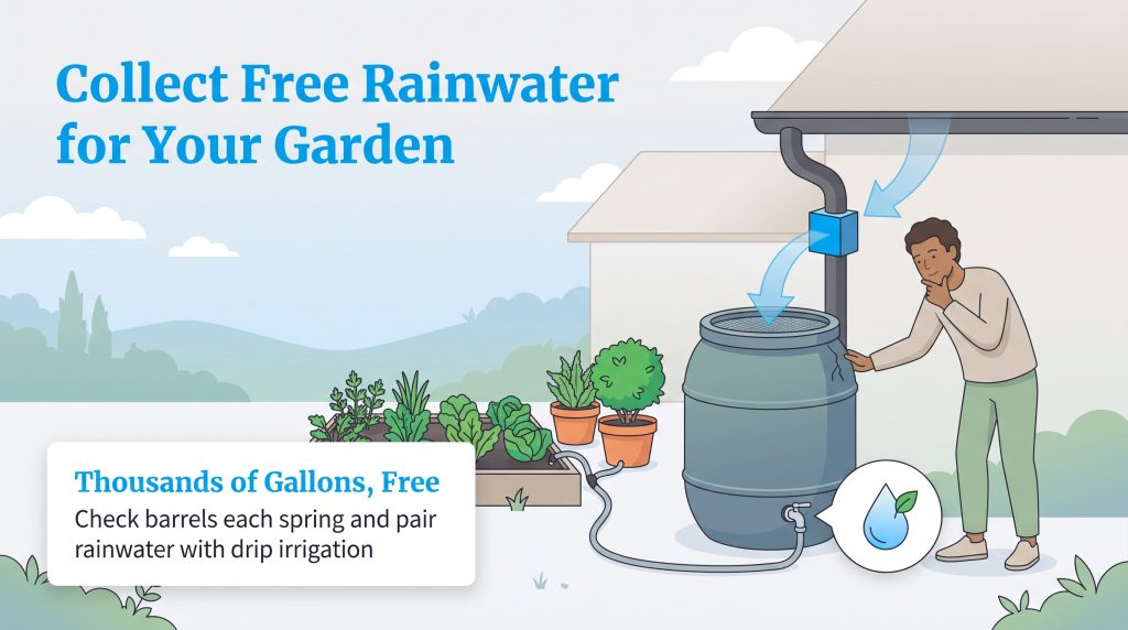 A person connects a house downspout to a rain barrel that feeds a garden drip irrigation system.