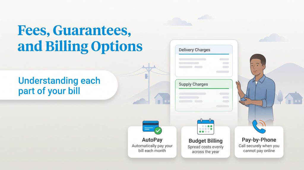 An illustration explaining ComEd delivery and supply charges alongside different billing options