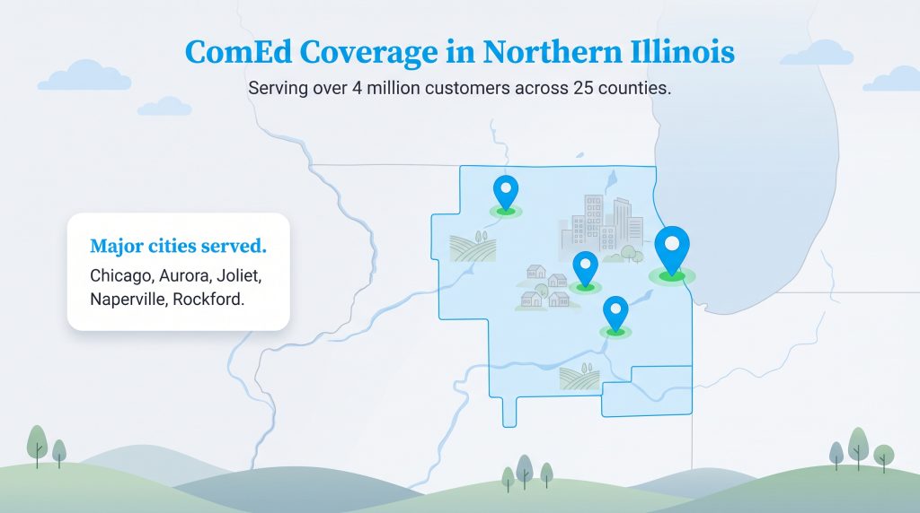 Map of Northern Illinois showing the ComEd coverage territory and key cities served