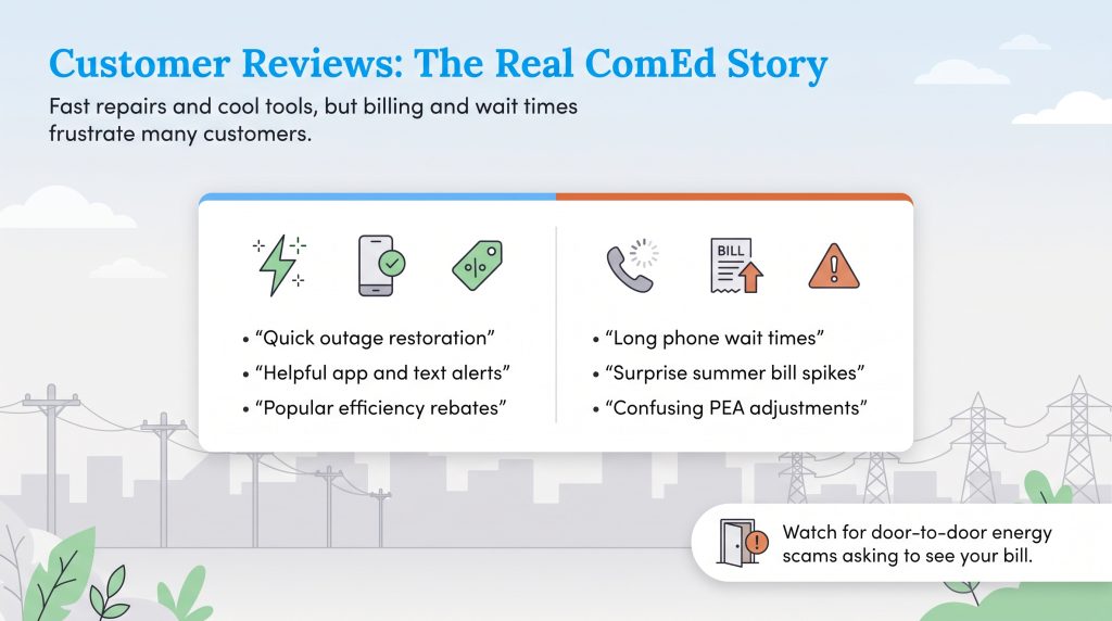 Pros and cons of ComEd service based on customer reviews and common complaints.