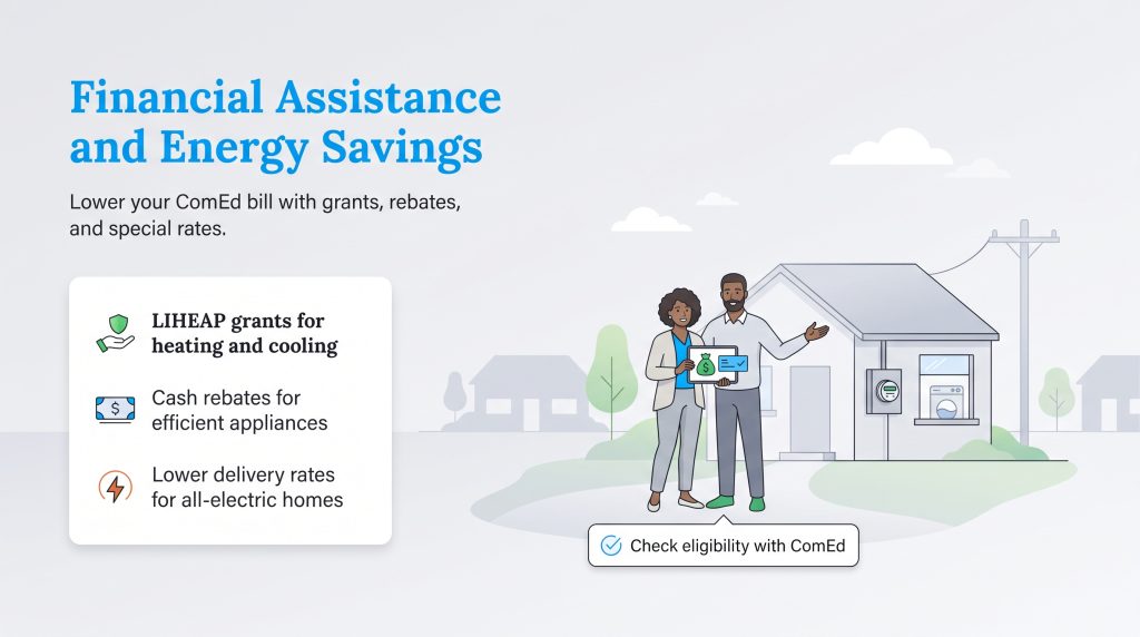 Illustration showing ComEd energy savings programs like LIHEAP grants and cash rebates.