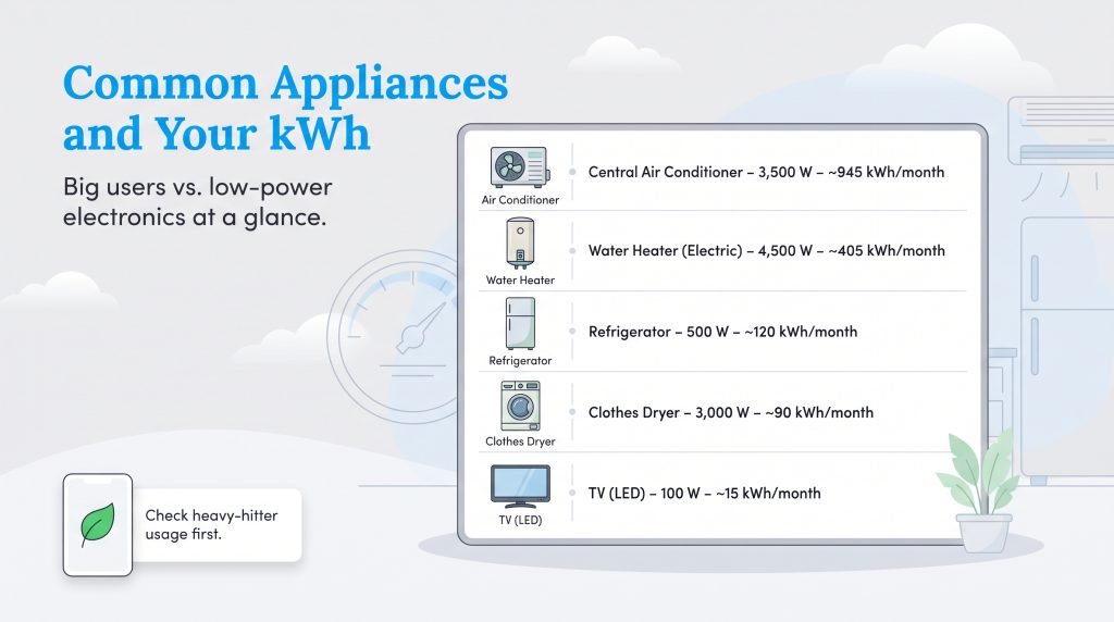 Chart comparing typical wattage and monthly energy consumption of common household appliances