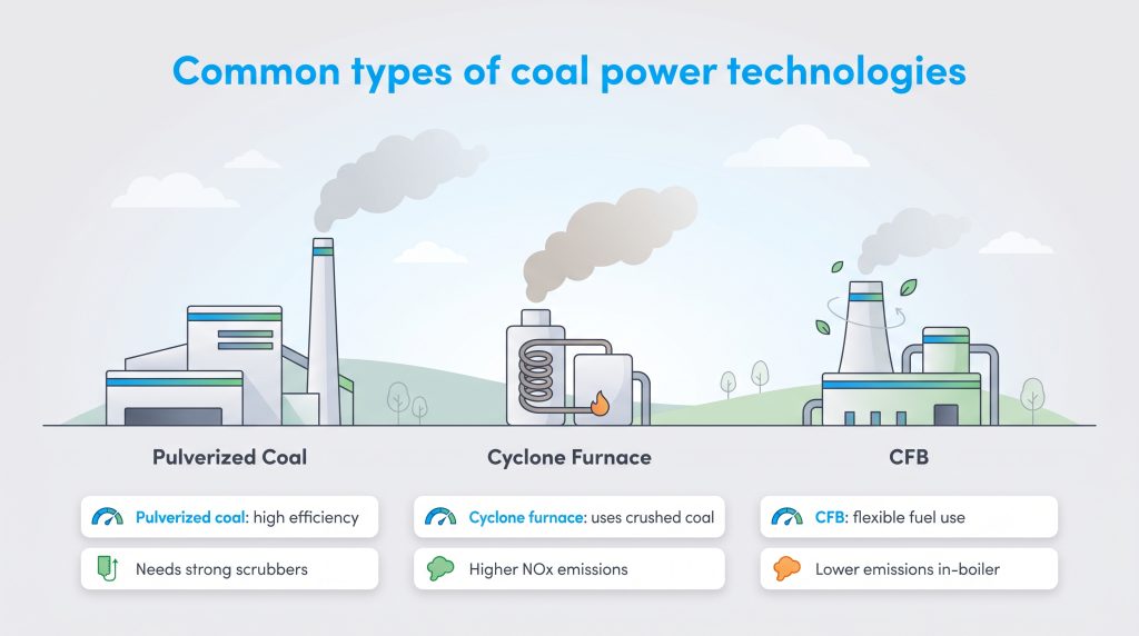 Infographic comparing Pulverized Coal, Cyclone Furnace, and CFB power plants, detailing their efficiency and emissions.