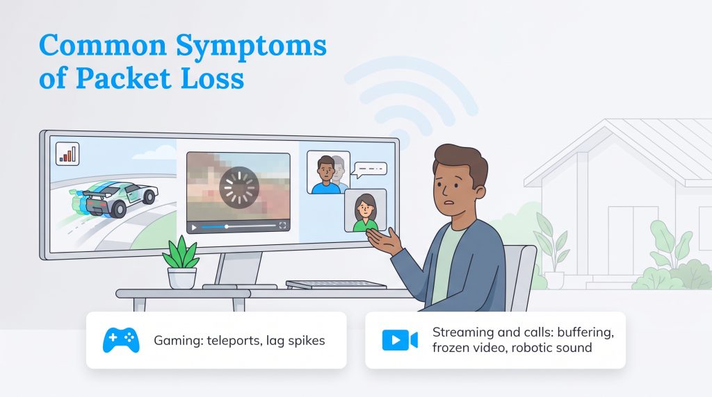 An infographic showing how packet loss causes problems in gaming, streaming video, and video calls.