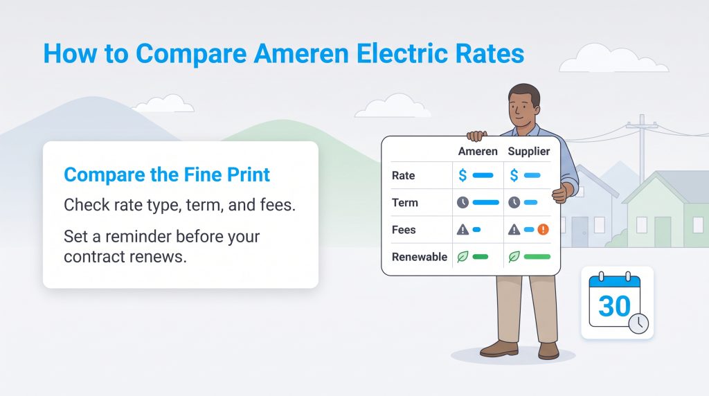 An illustration showing how to compare Ameren and supplier electric rates side by side.