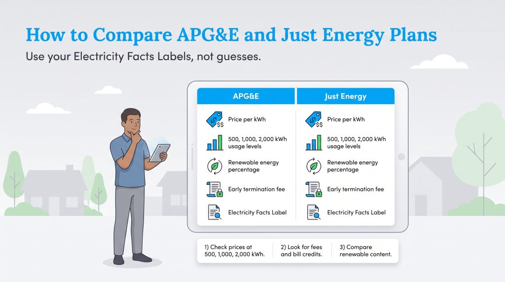 Graphic showing how to compare APGE and Just Energy plans using Electricity Facts Labels