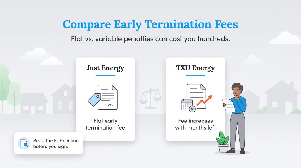 Comparison of Just Energy flat early termination fee and TXU Energy variable fee.