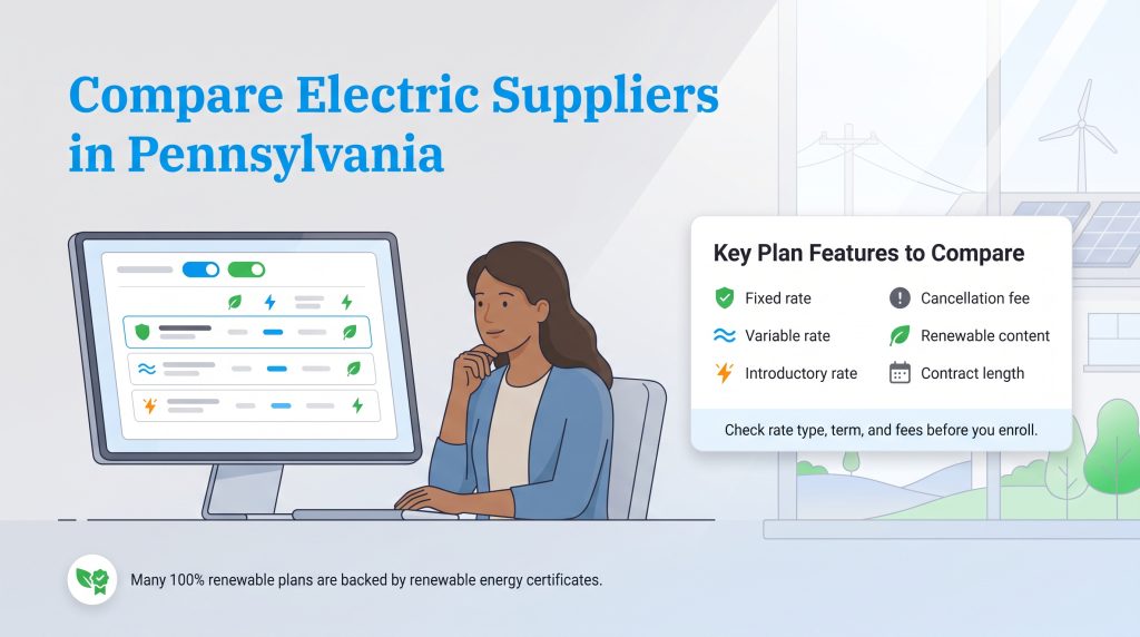 A woman compares electric plans on a computer with a list of key plan features nearby.