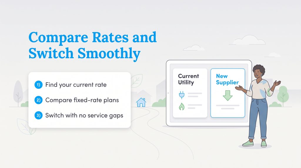 Steps to switch energy providers shown on a card next to an illustration of a woman and tablet