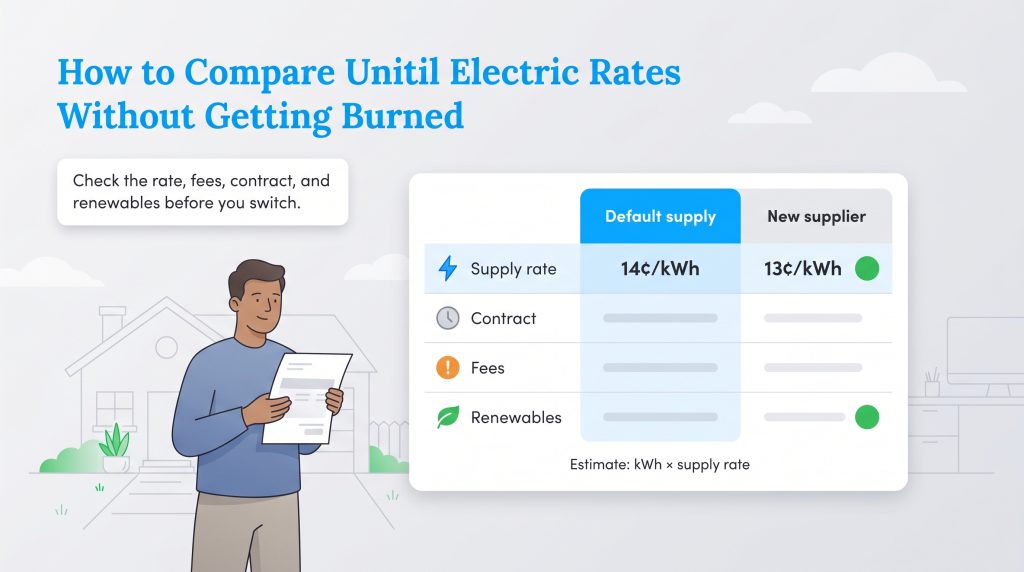 A man looks at a table comparing Unitil default supply rates and terms against a new electric supplier.