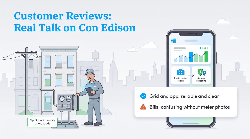 Illustration showing Con Edison customer feedback on app reliability and billing complaints