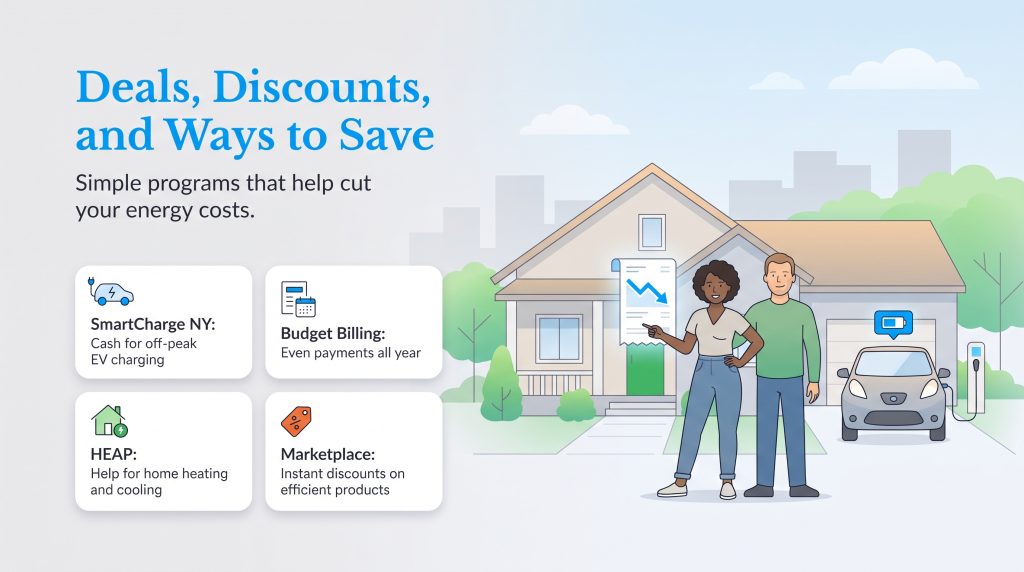 Illustration of a couple outside a home with an EV, next to energy-saving program details.