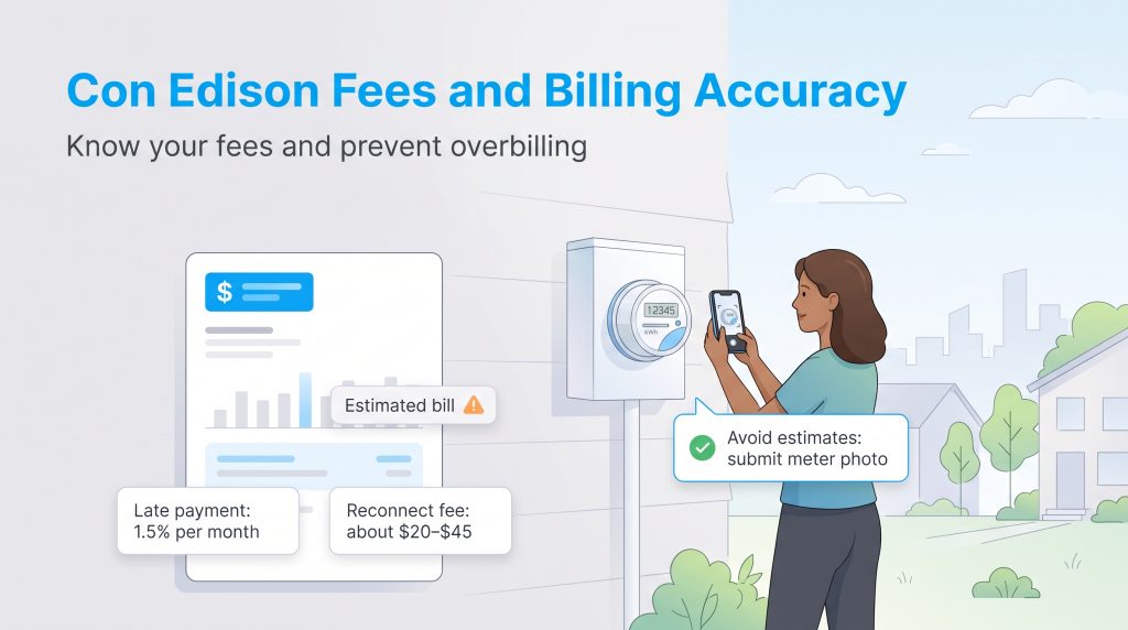 Illustration showing Con Edison bill fees and a woman taking a photo of her meter