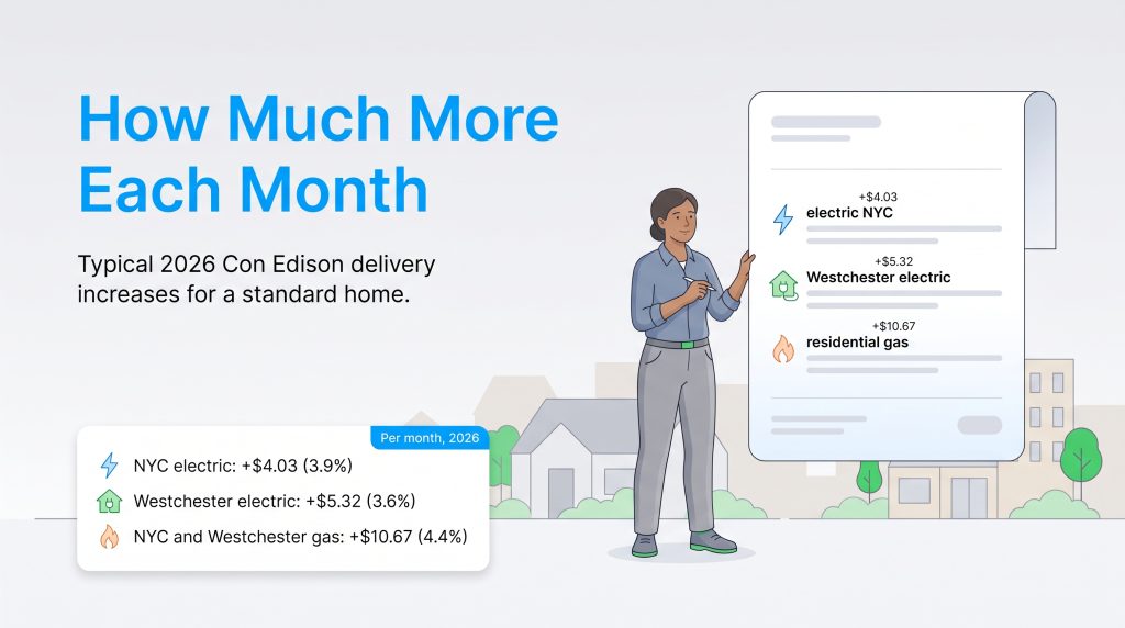 Infographic showing typical 2026 Con Edison monthly delivery increases for electric and gas in NYC and Westchester.