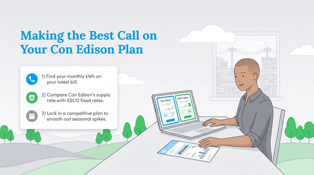 An illustration of a person comparing energy plans on a laptop to find the best utility rate.