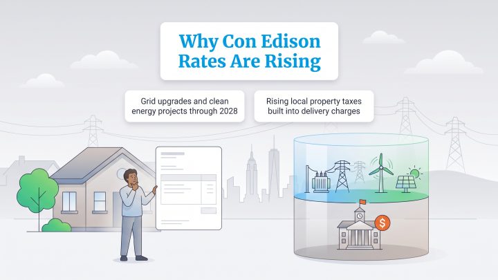 Infographic shows Con Edison rates rising due to clean energy grid upgrades and local property taxes.