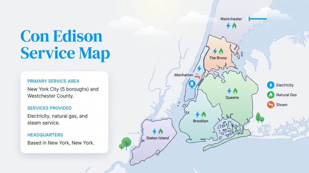 Map of Con Edison service coverage across New York City five boroughs and Westchester County