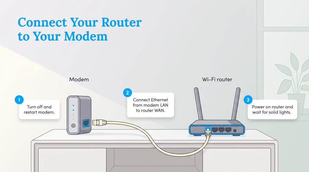Illustration showing how to connect an Ethernet cable from a modem to a Wi-Fi router.