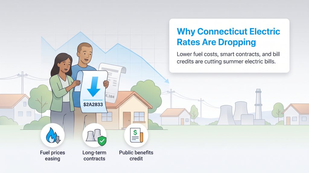 Illustration of a couple looking at a decreasing utility bill with icons representing rate cuts