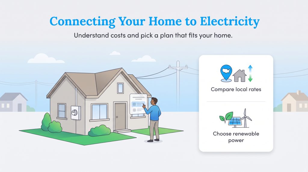 Illustration of a house and a man selecting electricity rates and renewable energy options