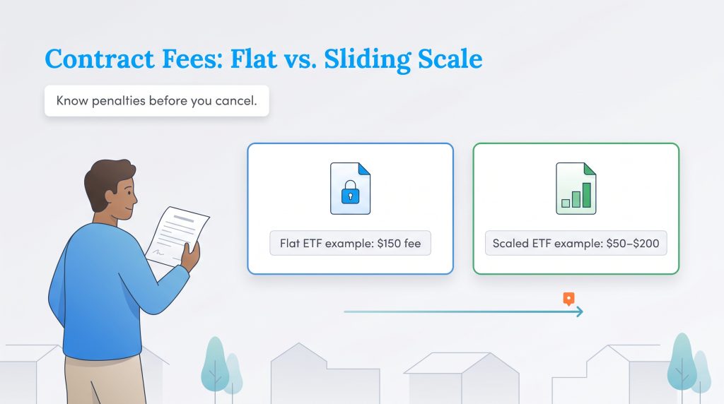 Man looking at a document comparing a flat $150 contract fee to a scaled $50-$200 fee.