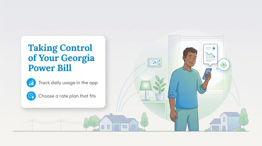 Illustration of a man tracking household energy use and decreasing costs on a mobile app