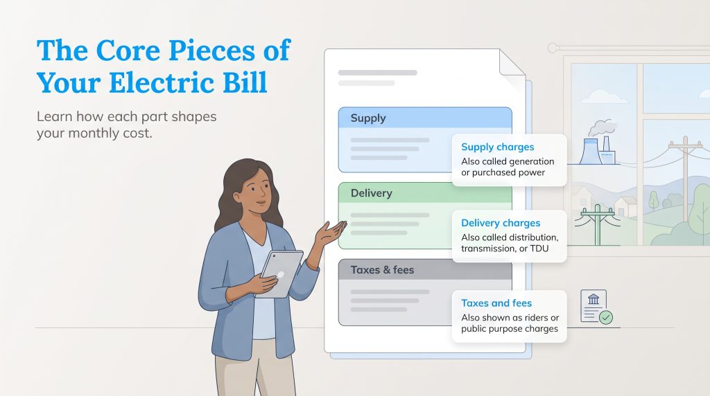 An infographic breakdown of an electric bill showing supply, delivery, and taxes and fees.