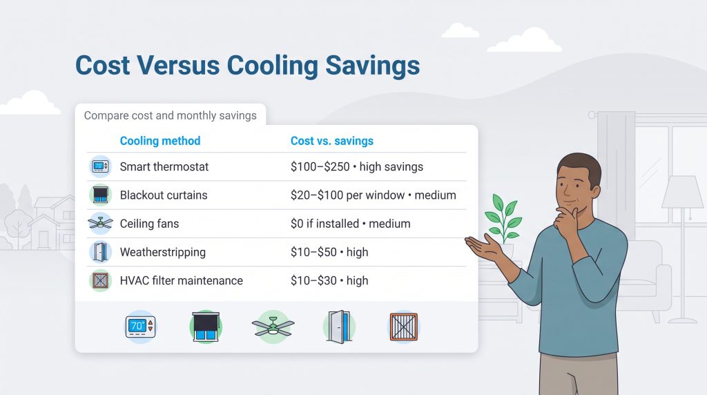 Chart comparing upfront cost and savings for common home cooling methods.