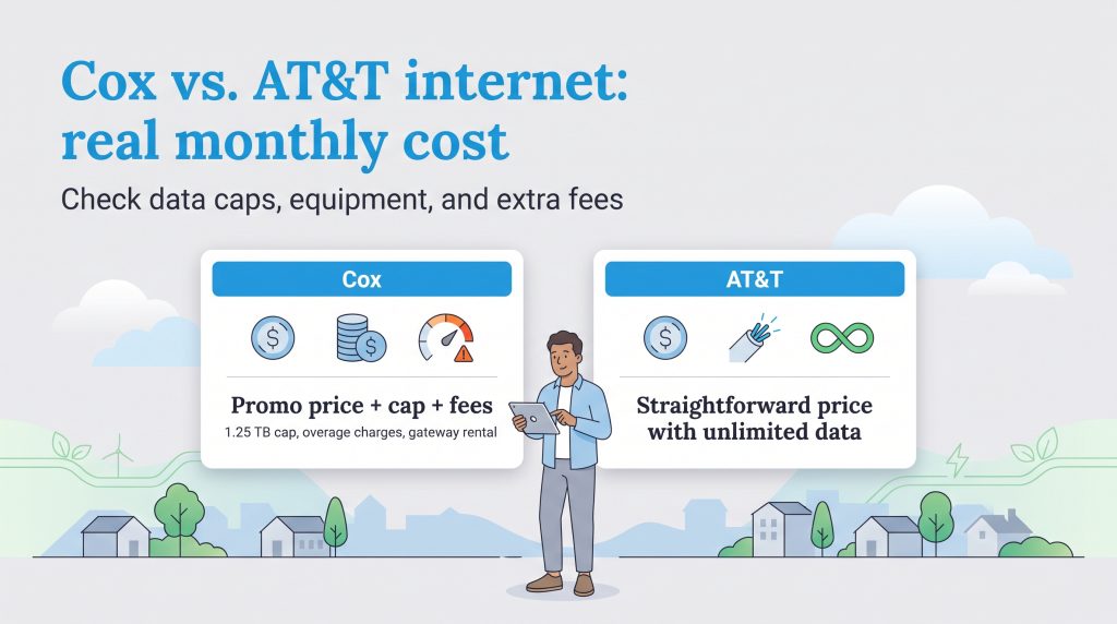 Infographic comparing Cox and AT&T internet monthly costs, data caps, and fees.