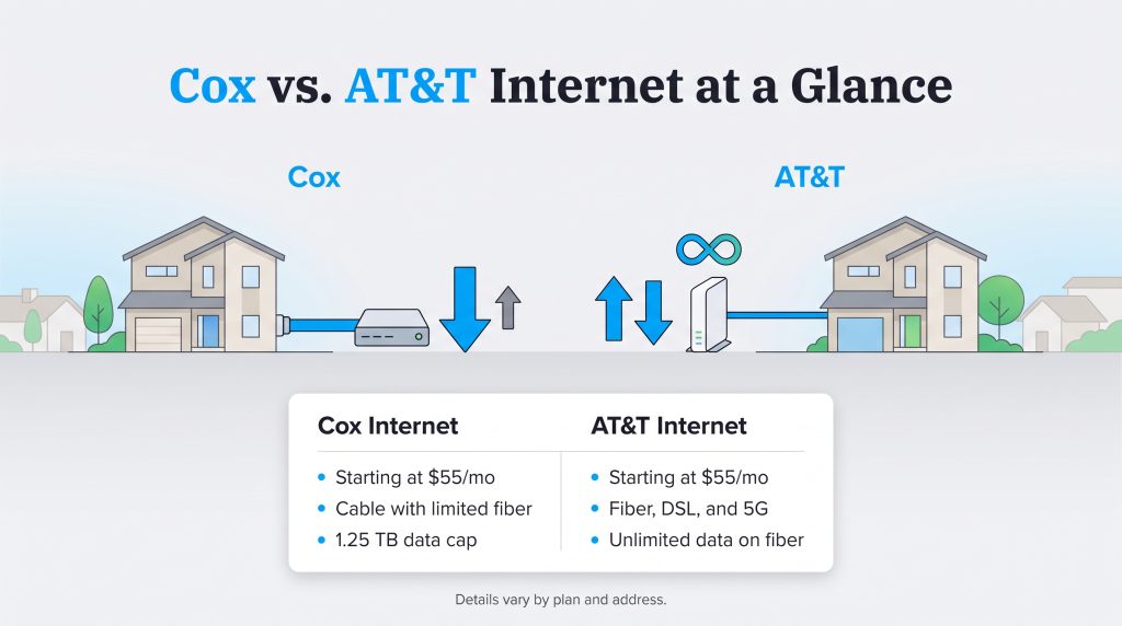 Infographic comparing Cox and AT&T internet features, prices, and connection types.
