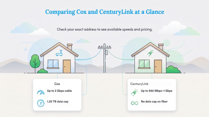 Comparison of Cox cable and CenturyLink fiber internet speed and data cap plans.
