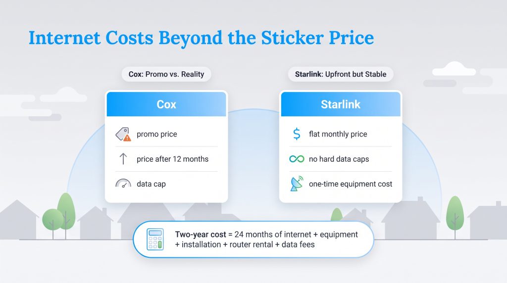 Comparison of Cox promotional pricing and data caps versus Starlink upfront fees and flat rates