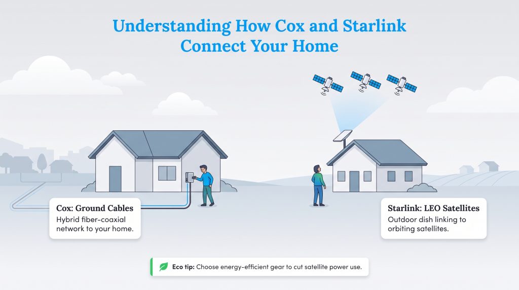 Visual comparison of Cox ground cable internet versus Starlink satellite dish internet