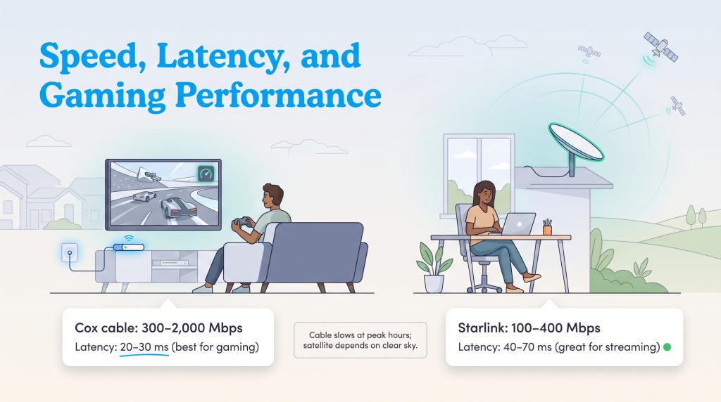 Comparison of Cox Cable and Starlink satellite internet speed and latency.