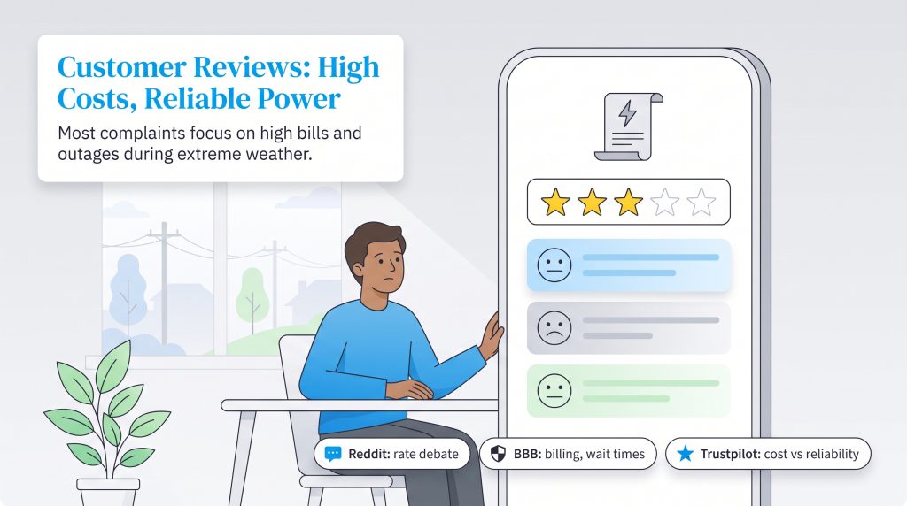 Illustration of a man looking at negative customer reviews on a giant smartphone.