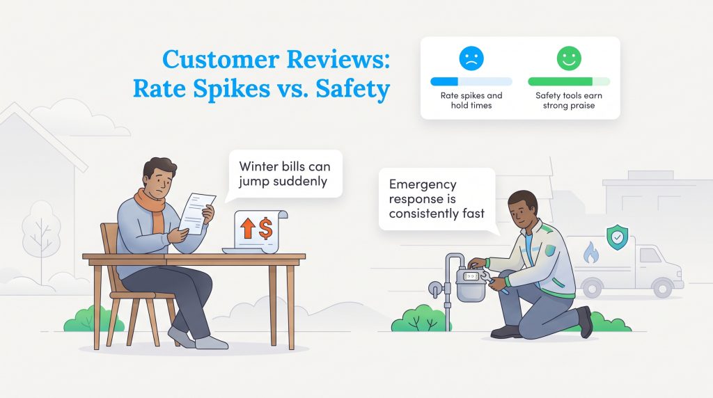Infographic comparing customer reviews on high winter utility bills versus fast safety response