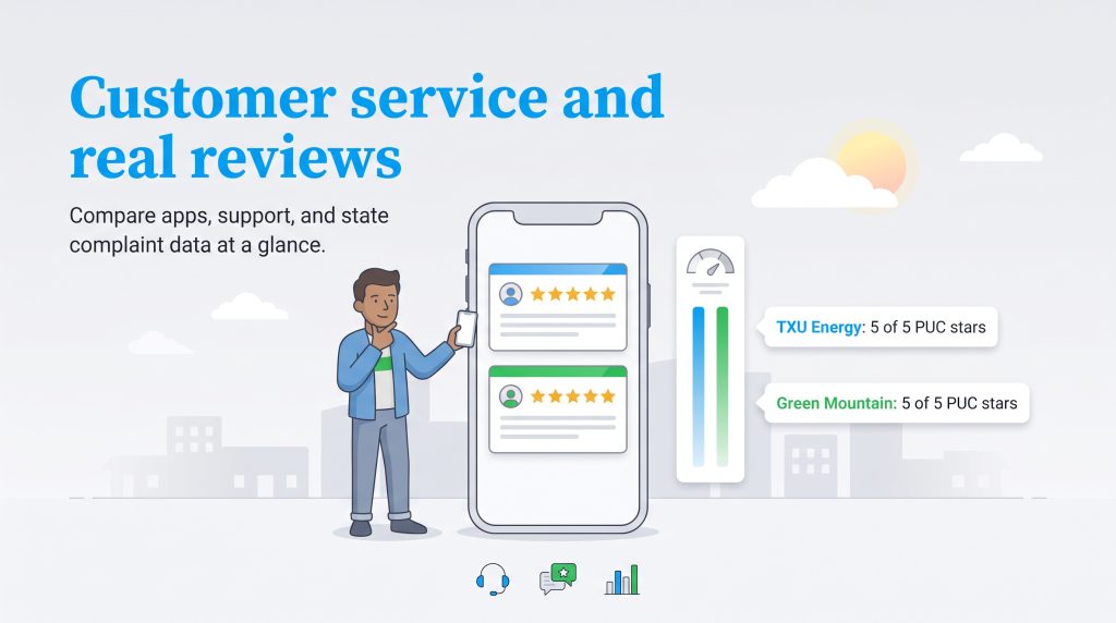 Illustration comparing TXU Energy and Green Mountain Energy PUC 5-star ratings