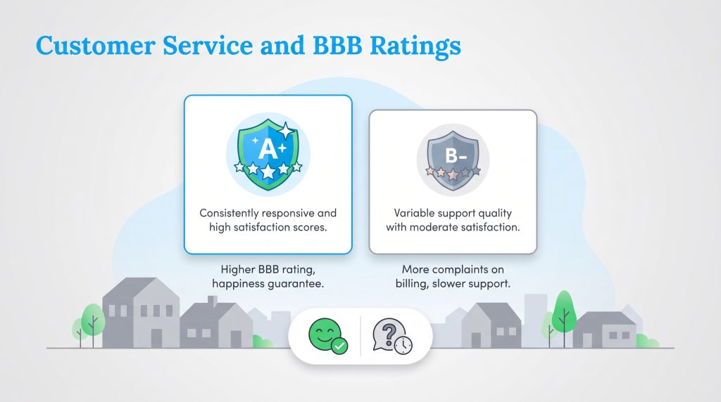 Comparison of customer service ratings showing an A plus shield versus a B minus shield.