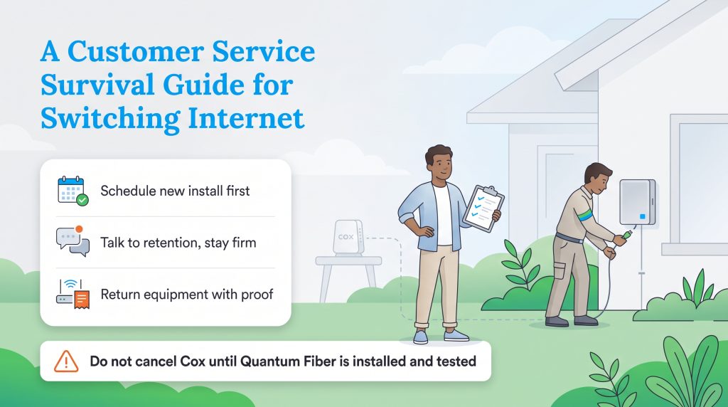 Checklist for switching internet providers with an illustration of a technician installing fiber