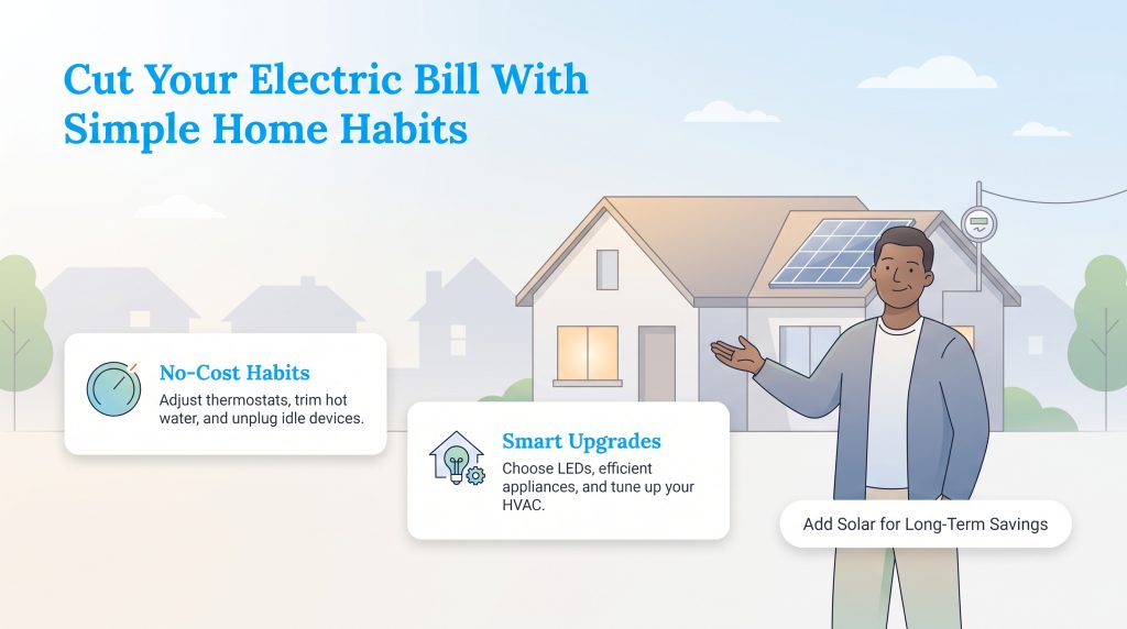 Infographic of a man and three energy-saving tips: No-Cost Habits, Smart Upgrades, and Solar.