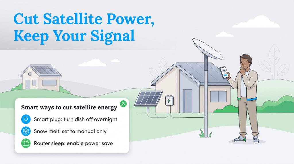 Illustration of steps to reduce satellite dish energy use on a solar-powered home