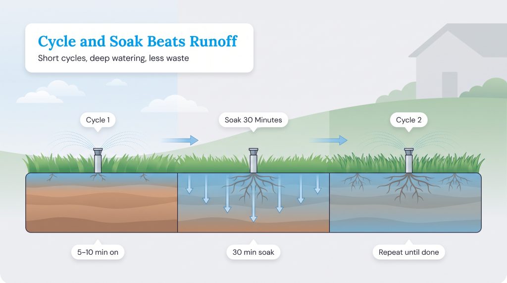Diagram showing short watering cycles separated by 30-minute soak periods for deep soil penetration.