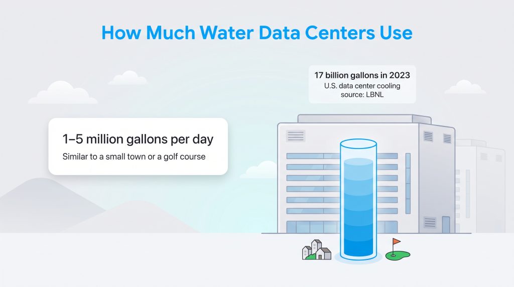 Graphic showing data center water usage: 1 to 5 million gallons daily and 17 billion in 2023.