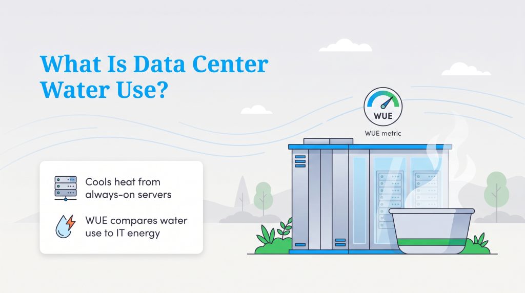 Diagram explaining data center water use, cooling requirements, and the WUE metric.