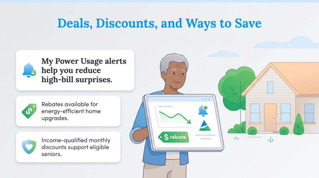 An older man holds a tablet highlighting energy alerts, rebates, and senior discounts.