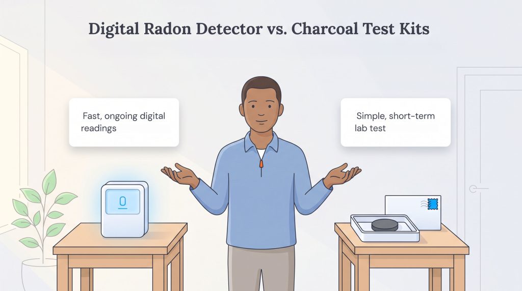 Man comparing a digital radon detector and a charcoal test kit, with text boxes explaining their uses.