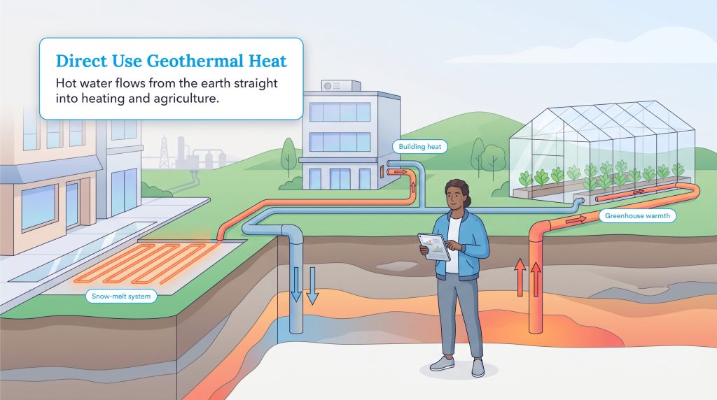 Diagram showing geothermal hot water heating a building, a greenhouse, and a snow-melt system.